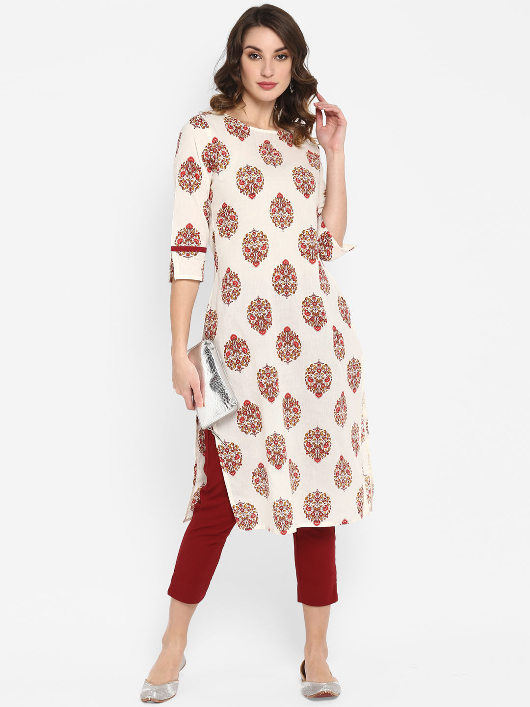Women's White Cotton Floral Print Straight Kurta