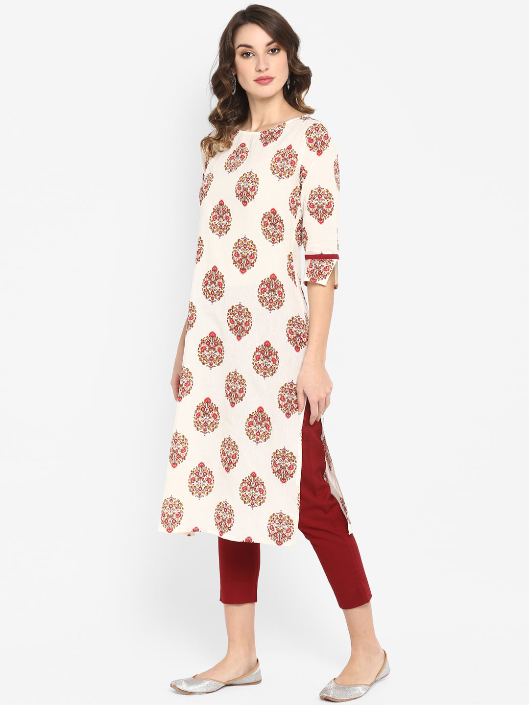 Women's White Cotton Floral Print Straight Kurta