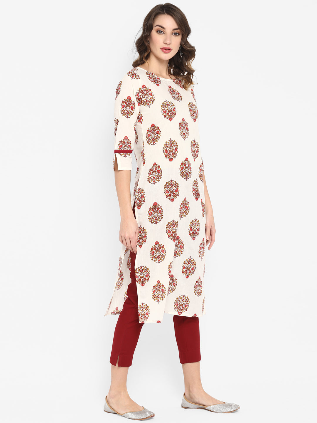 Women's White Cotton Floral Print Straight Kurta