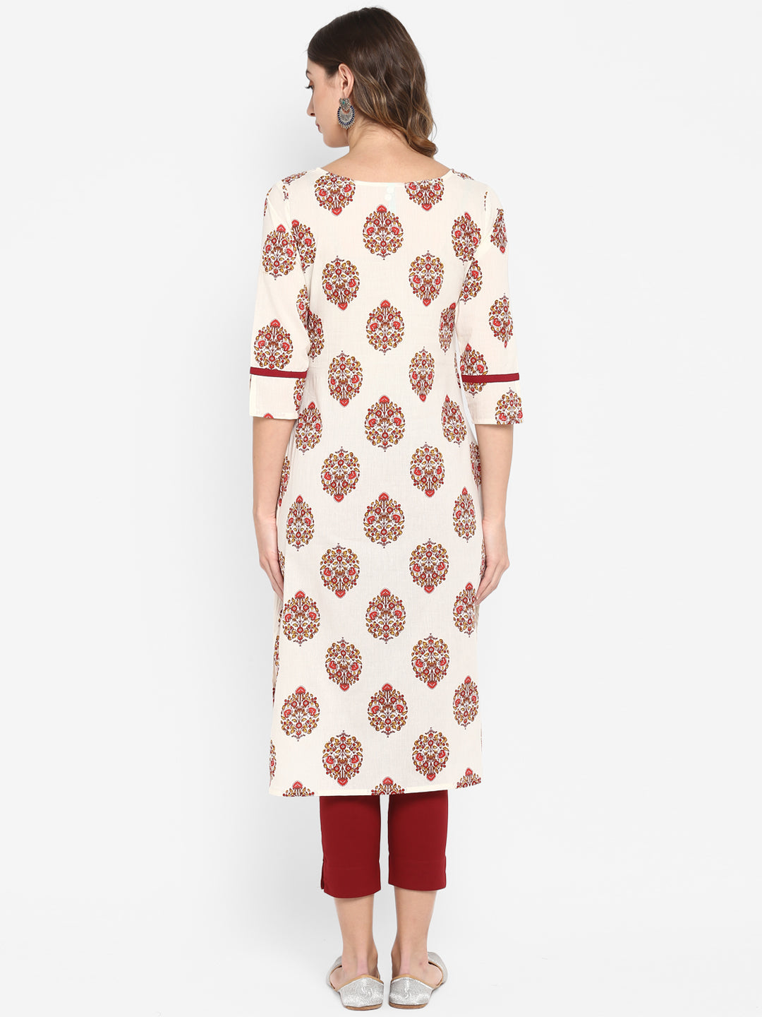 Women's White Cotton Floral Print Straight Kurta