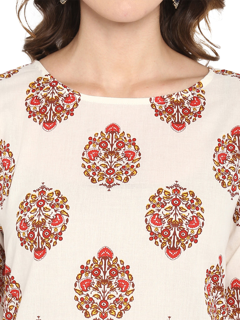 Women's White Cotton Floral Print Straight Kurta