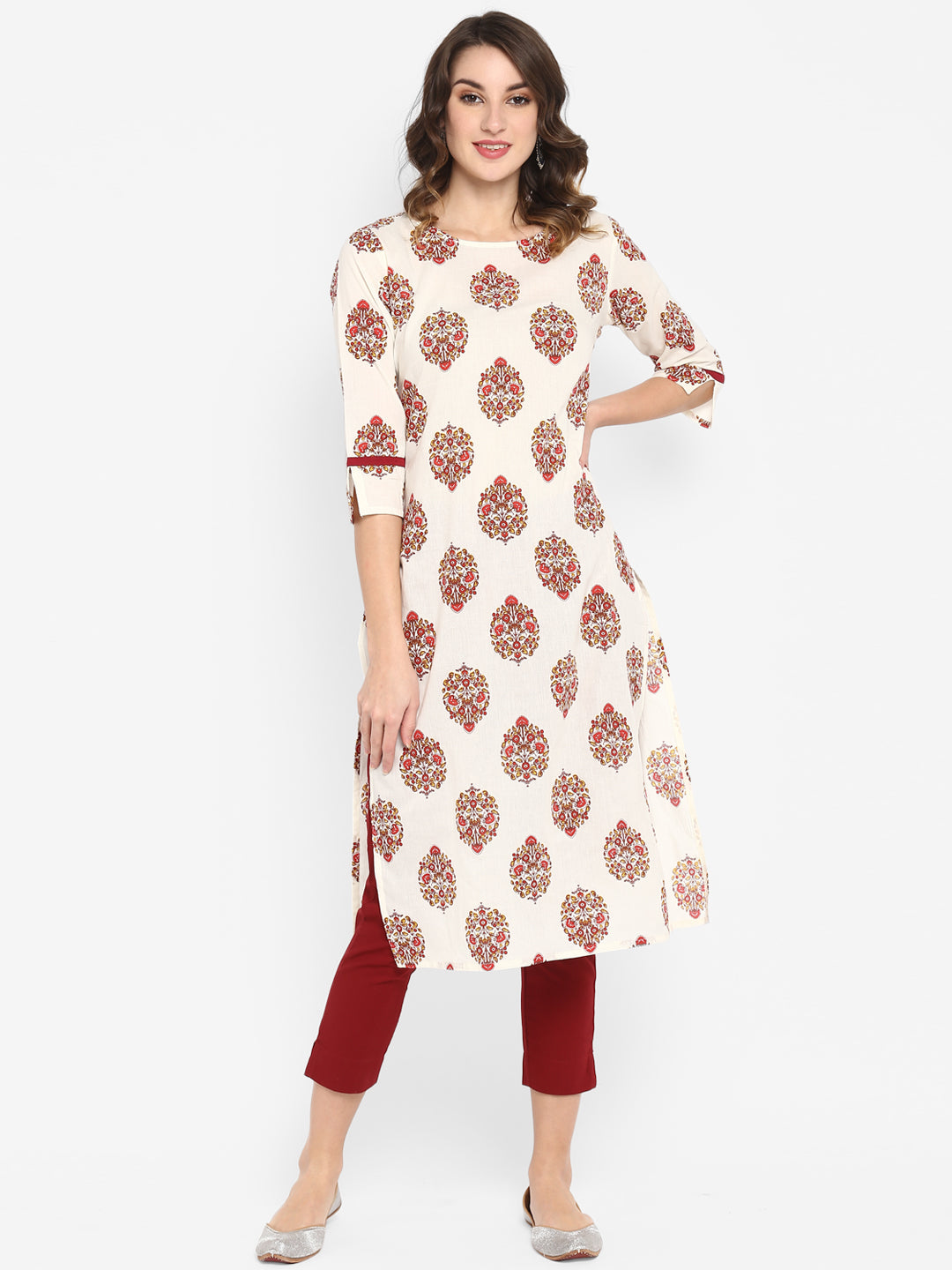 Women's White Cotton Floral Print Straight Kurta