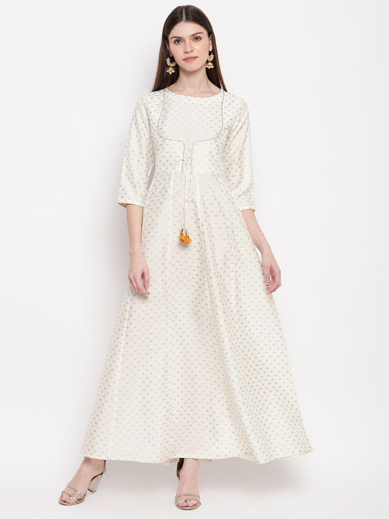Women's Off White Poly Silk Gold Print Anarkali Kurta