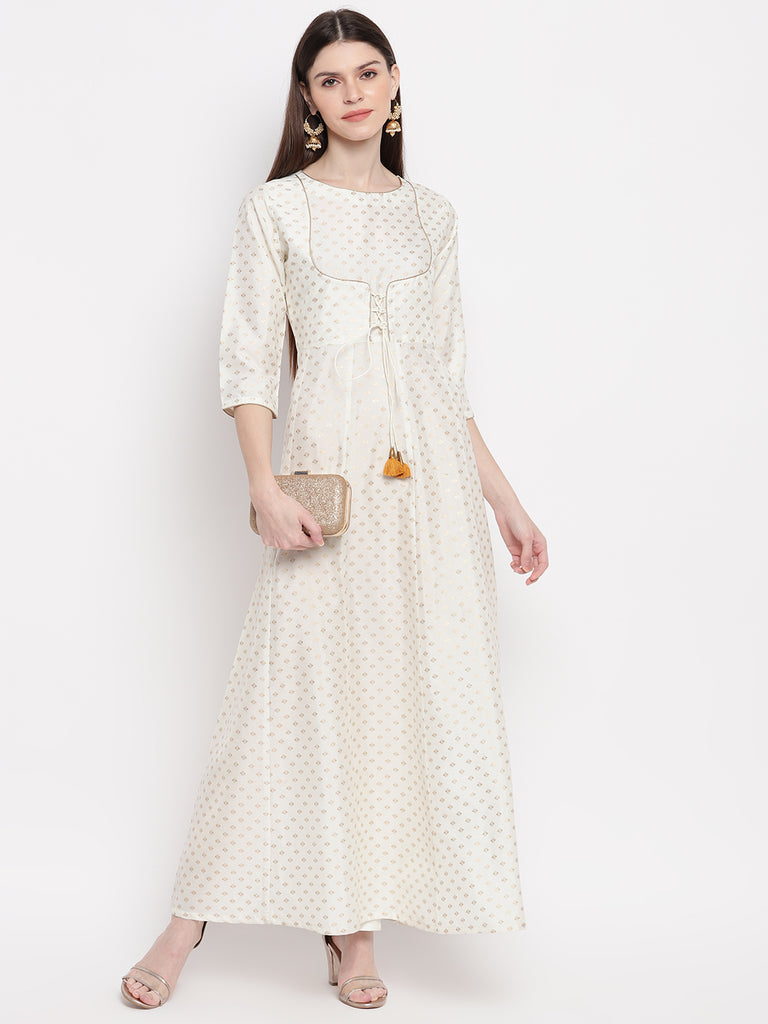 Women's Off White Poly Silk Gold Print Anarkali Kurta