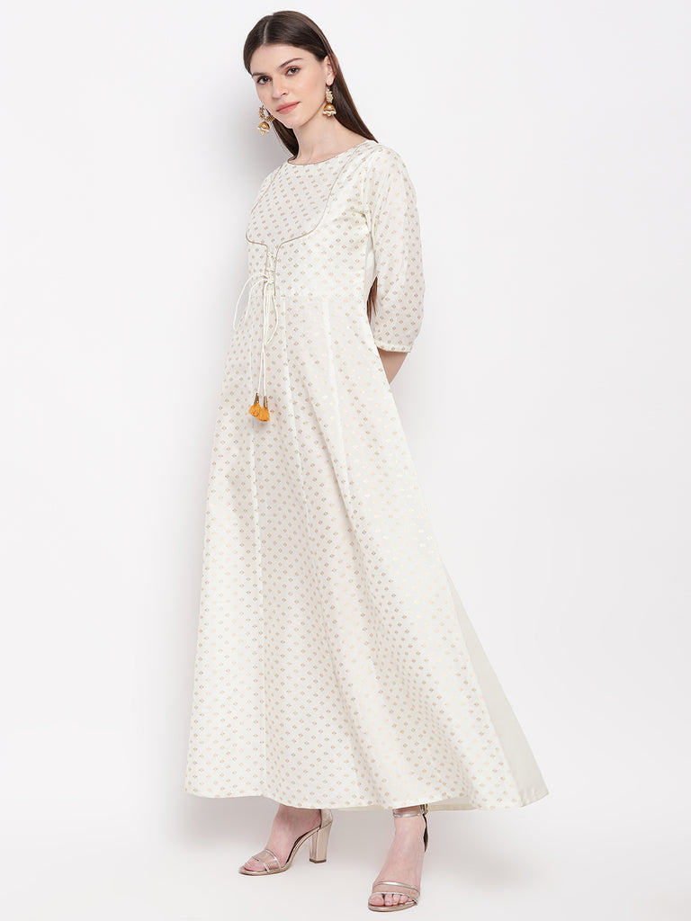 Women's Off White Poly Silk Gold Print Anarkali Kurta