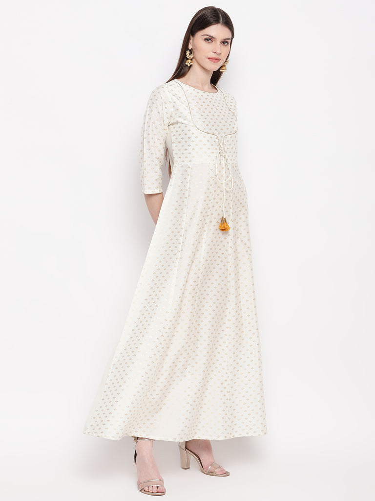 Women's Off White Poly Silk Gold Print Anarkali Kurta