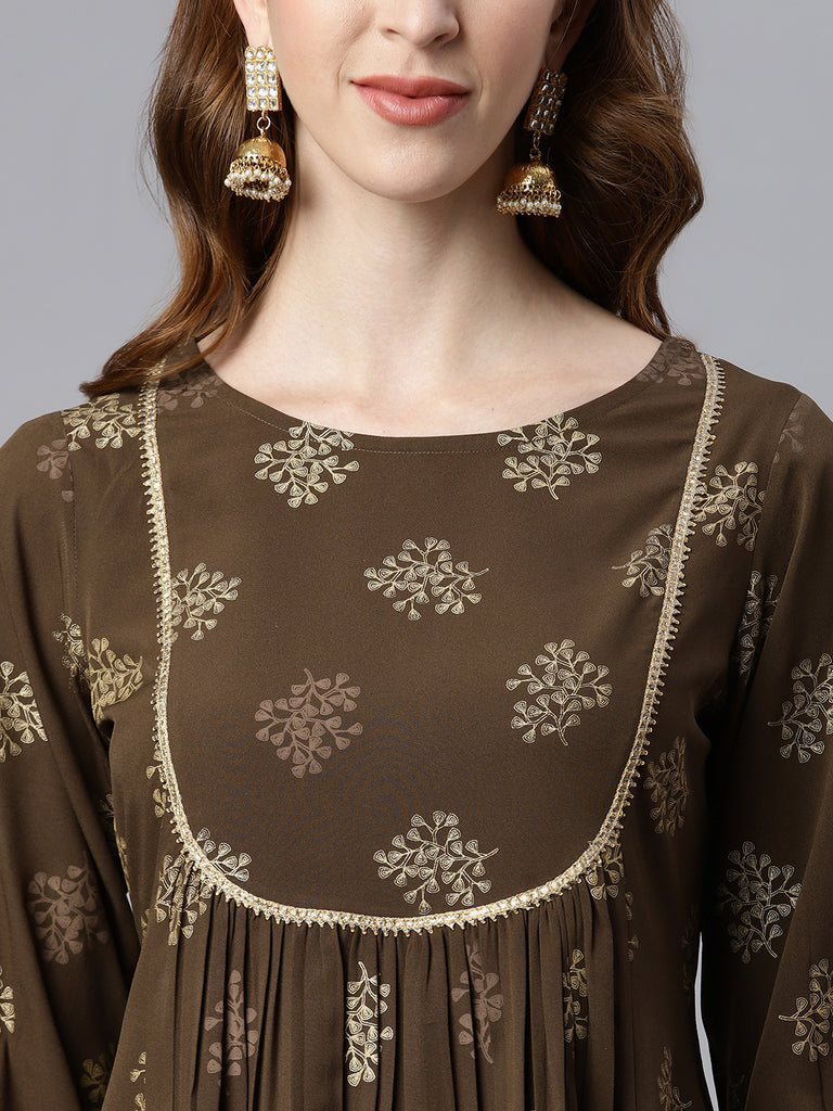 Women's Dark Green Cotton Floral Print Regular Tunic