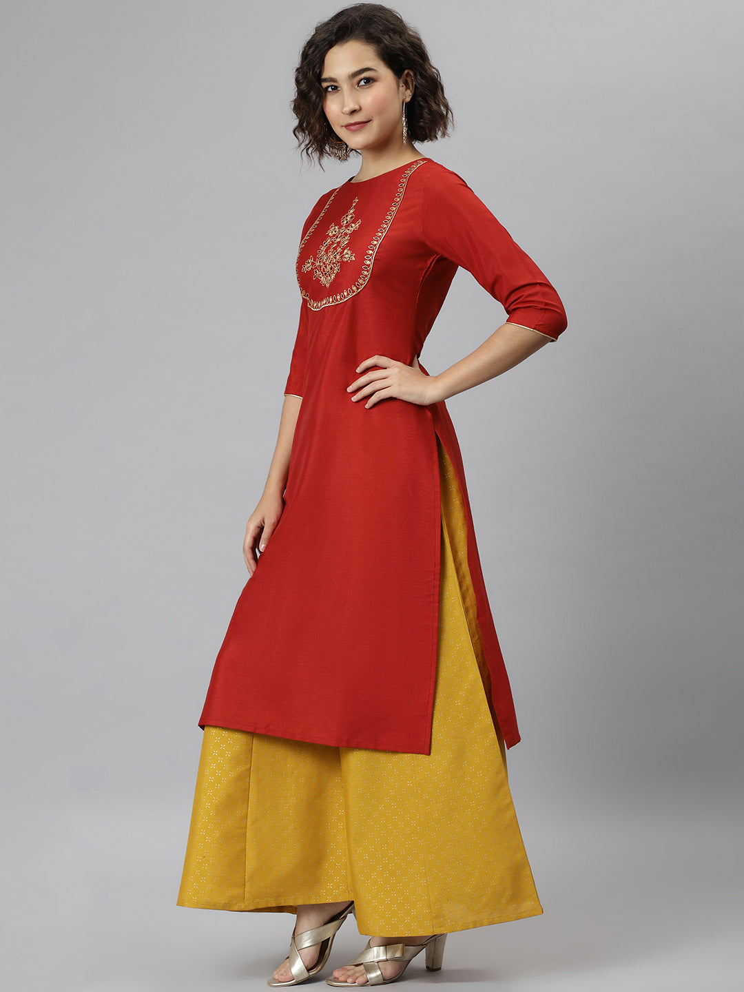 Women's Red Poly Silk Embroidered Straight Kurta - Manohara