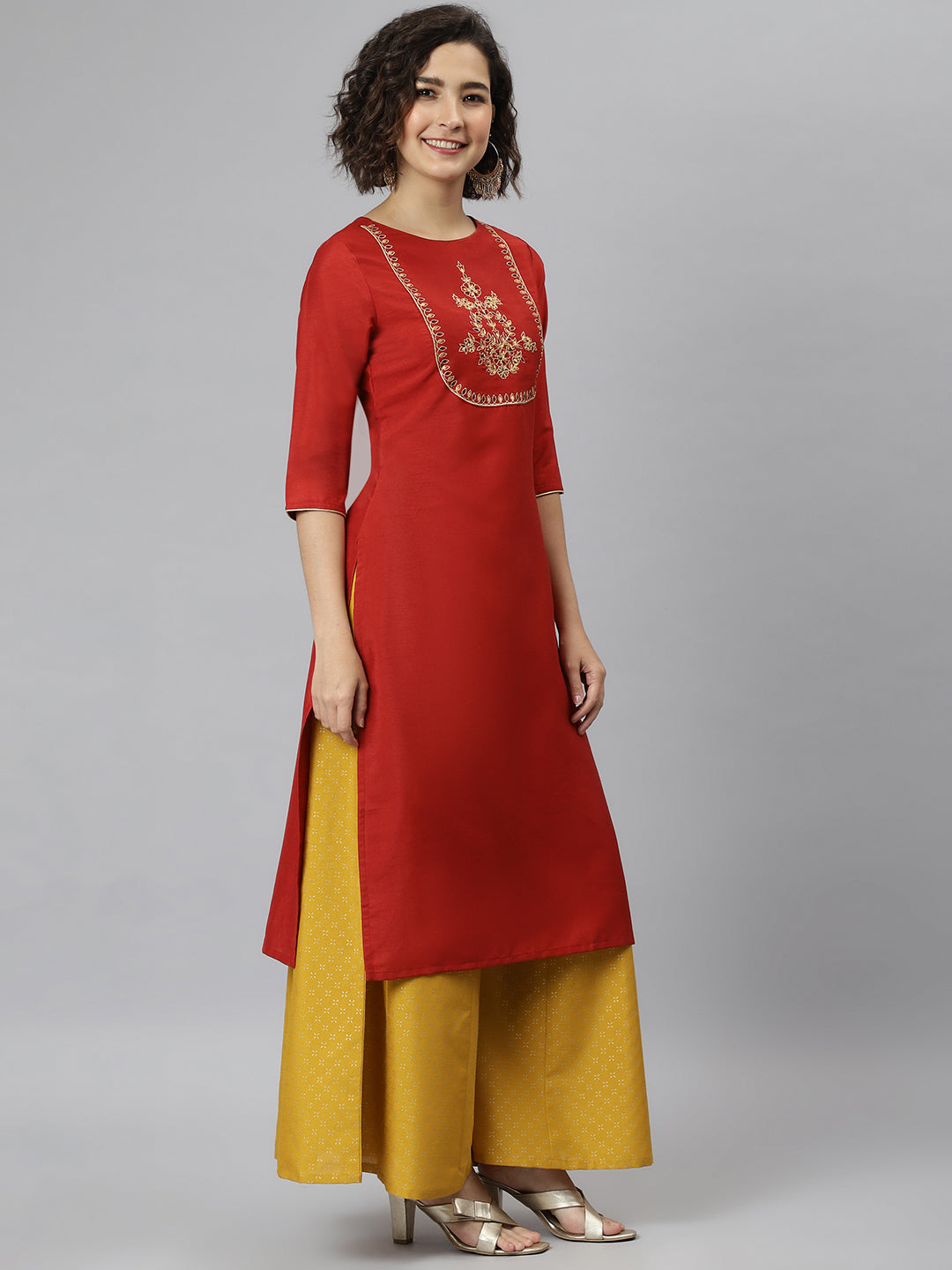 Women's Red Poly Silk Embroidered Straight Kurta - Manohara