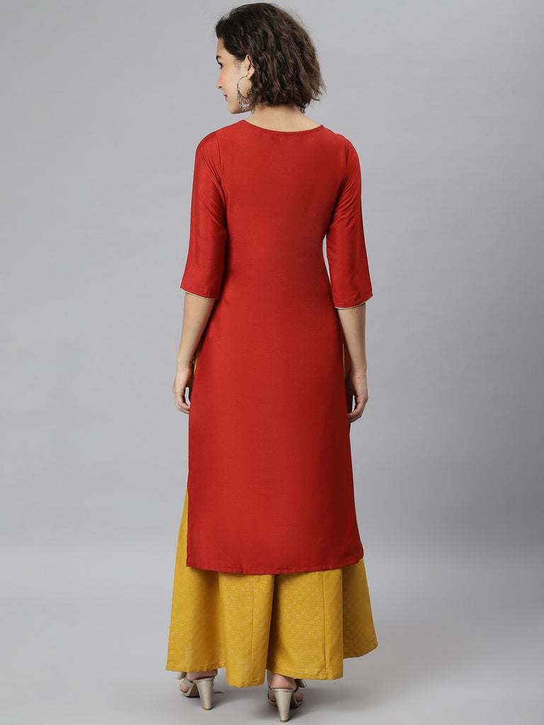 Women's Red Poly Silk Embroidered Straight Kurta