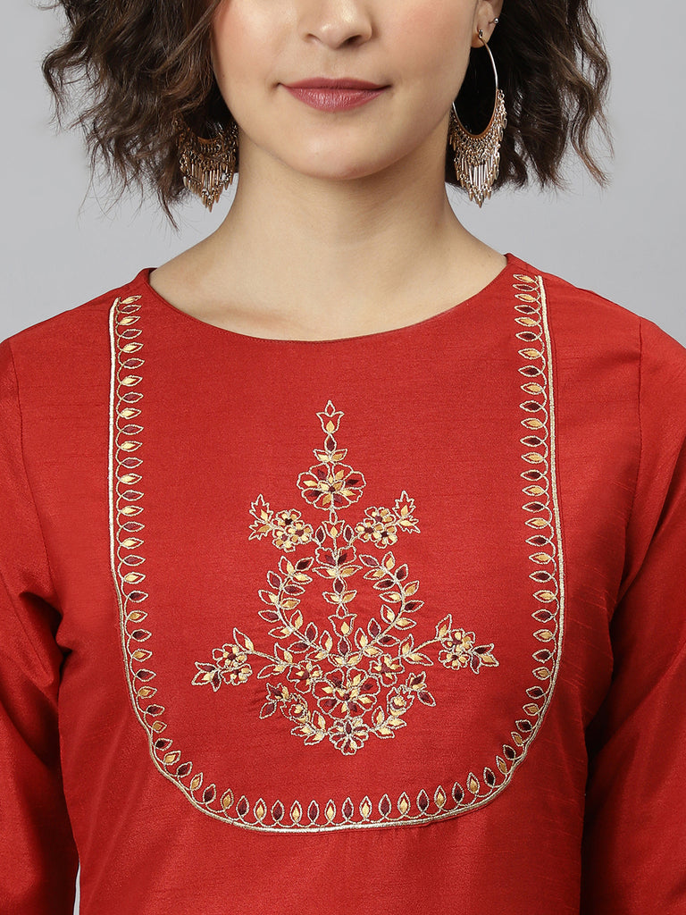 Women's Red Poly Silk Embroidered Straight Kurta