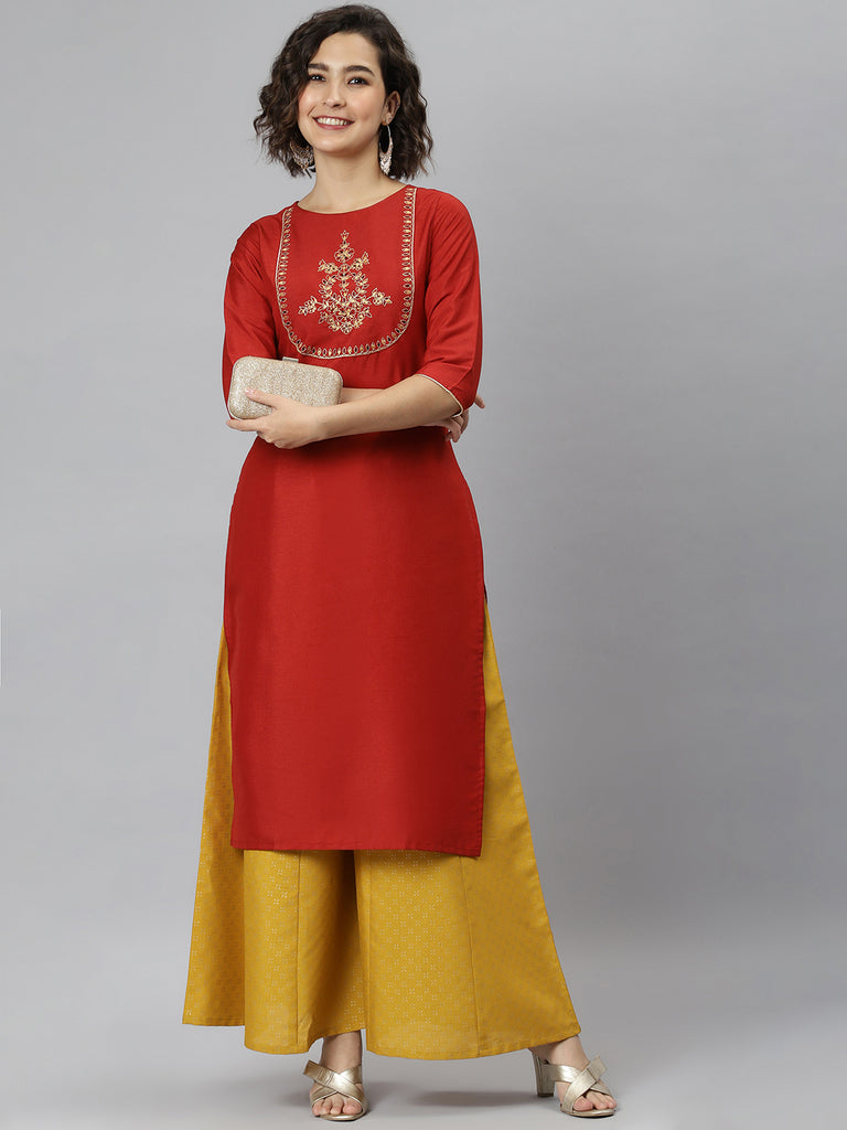 Women's Red Poly Silk Embroidered Straight Kurta