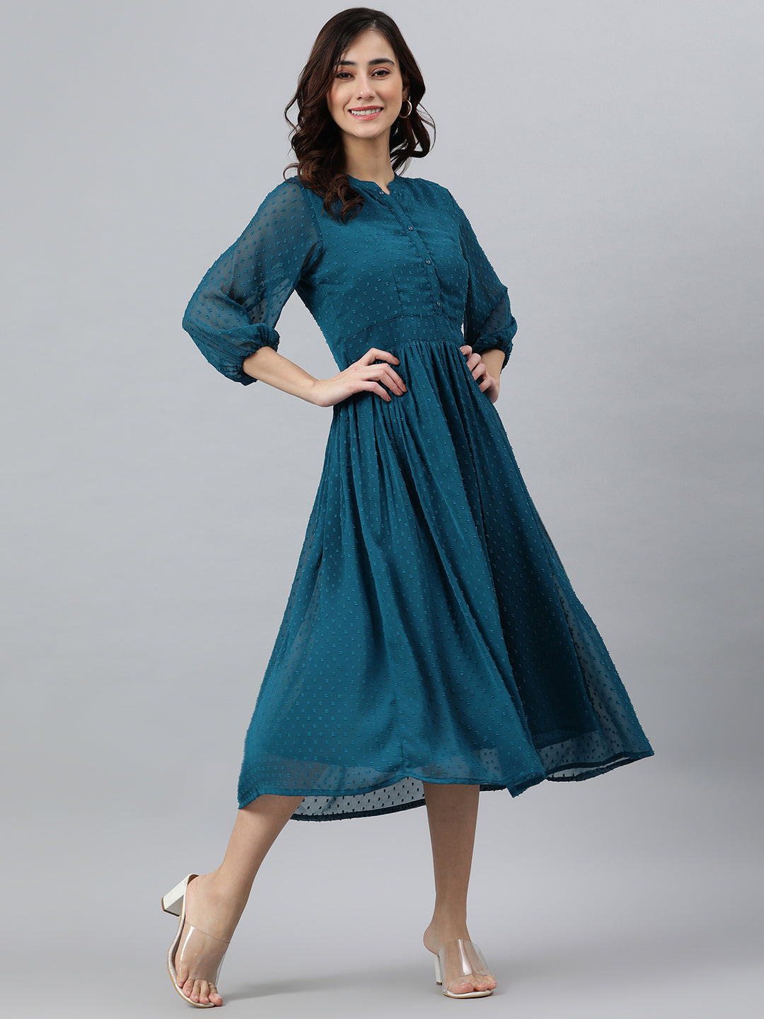 Women's Self Design Teal Poly Chiffon Dress