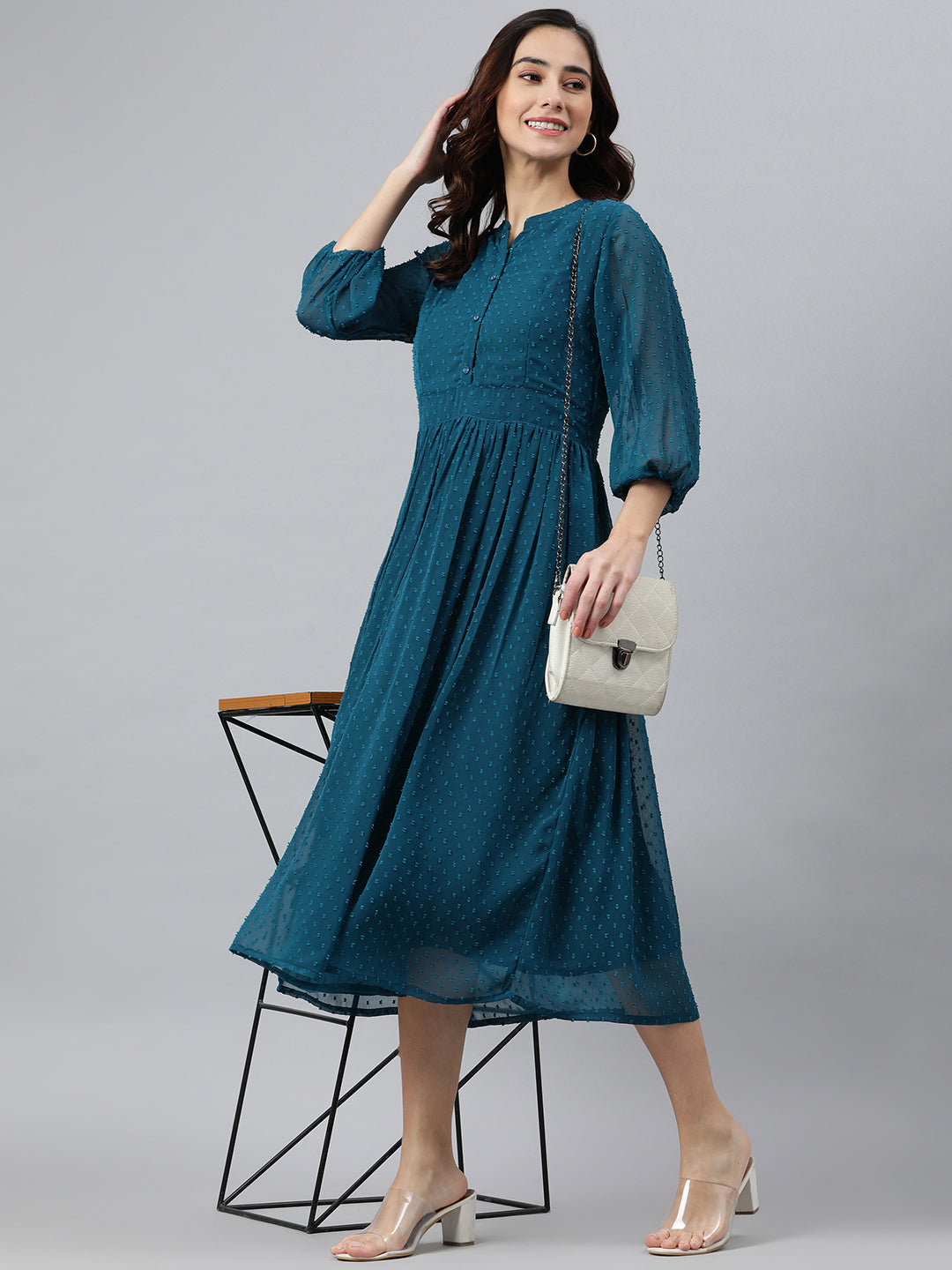 Women's Self Design Teal Poly Chiffon Dress