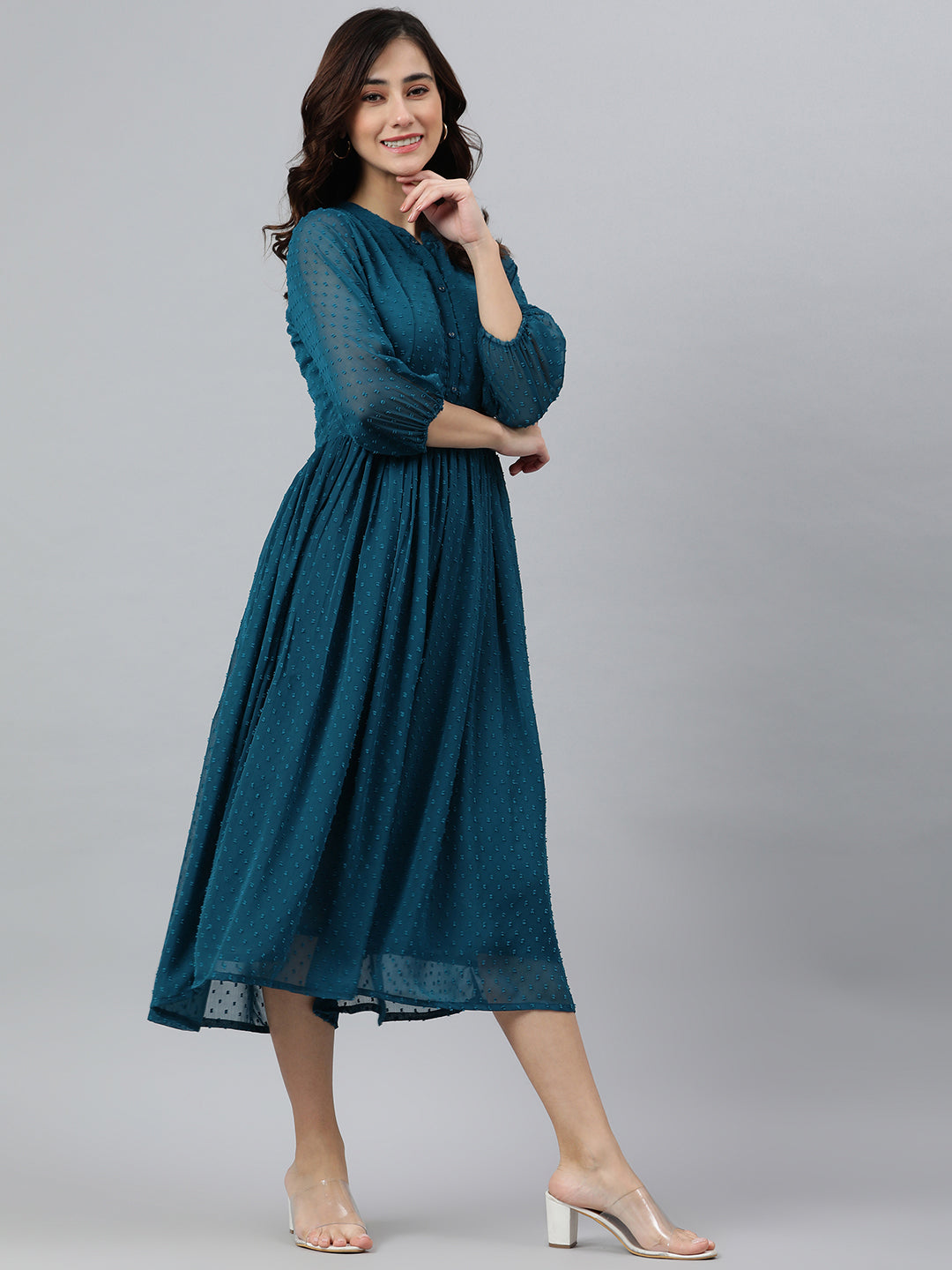 Women's Self Design Teal Poly Chiffon Dress