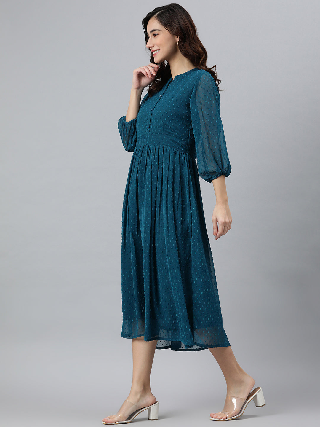 Women's Self Design Teal Poly Chiffon Dress - Janasya USA