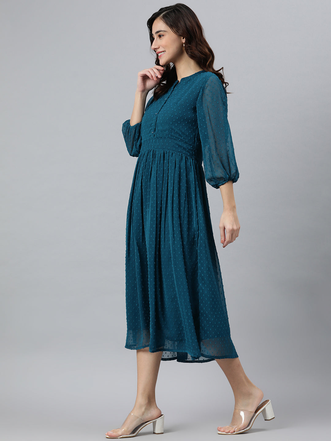Women's Self Design Teal Poly Chiffon Dress