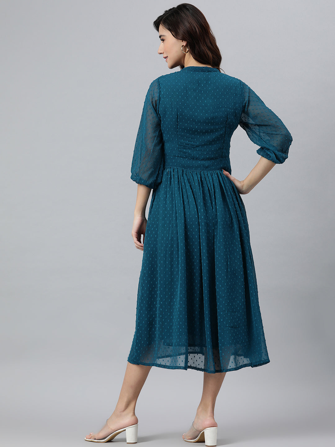 Women's Self Design Teal Poly Chiffon Dress