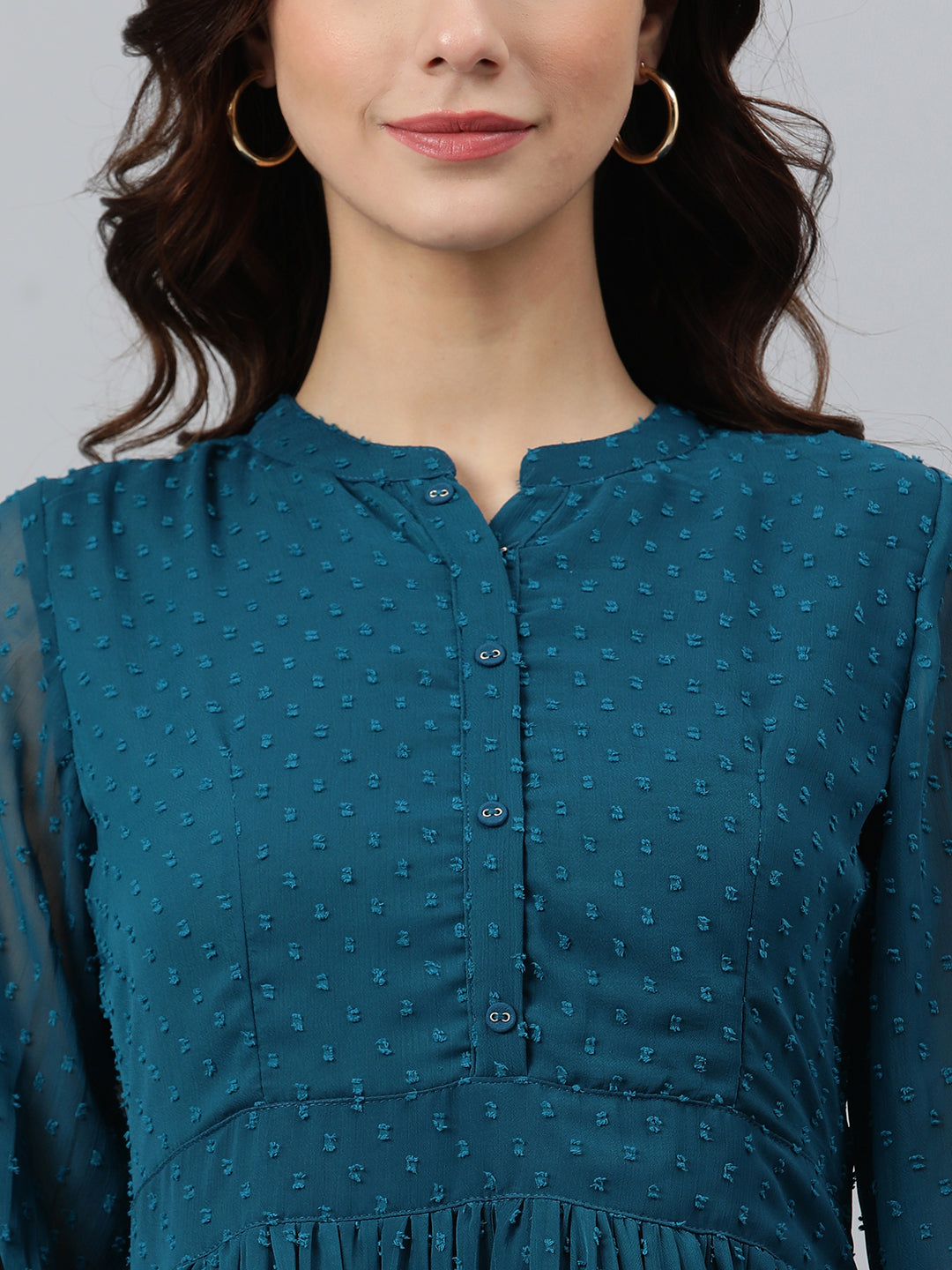 Women's Self Design Teal Poly Chiffon Dress