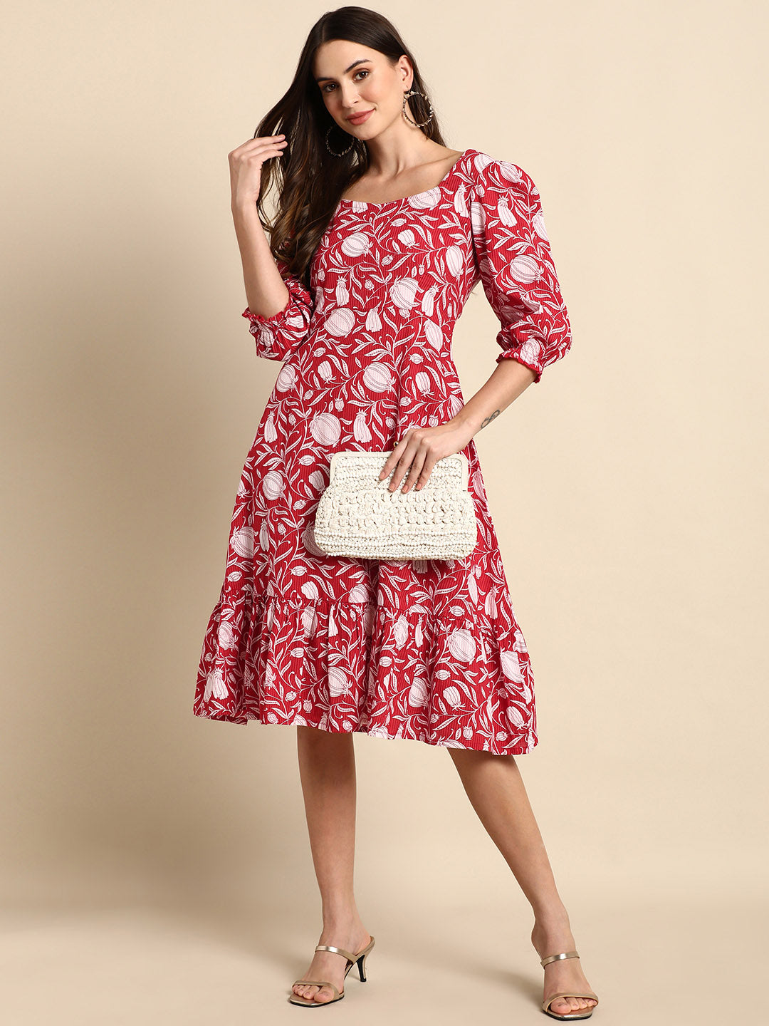 Women's Floral Printed Red Cotton Dress
