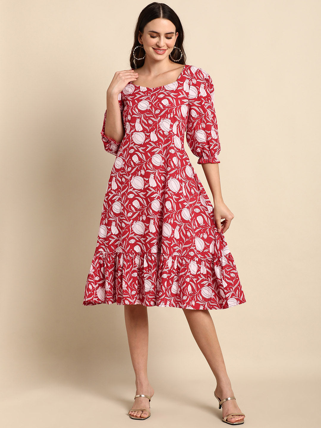Women's Floral Printed Red Cotton Dress