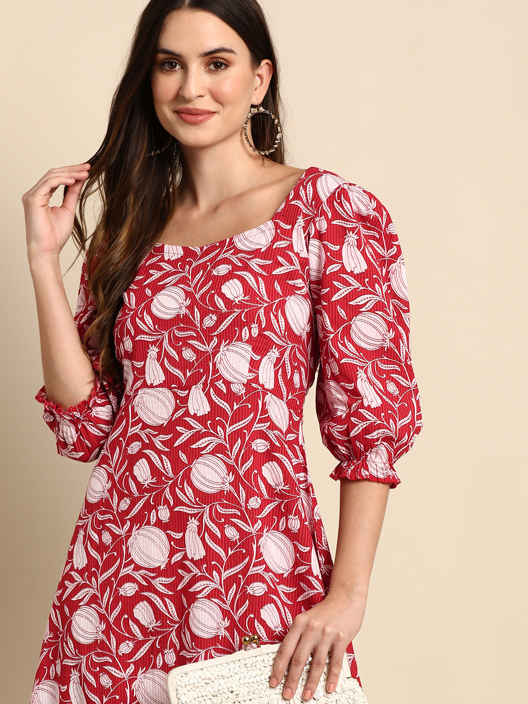 Women's Floral Printed Red Cotton Dress