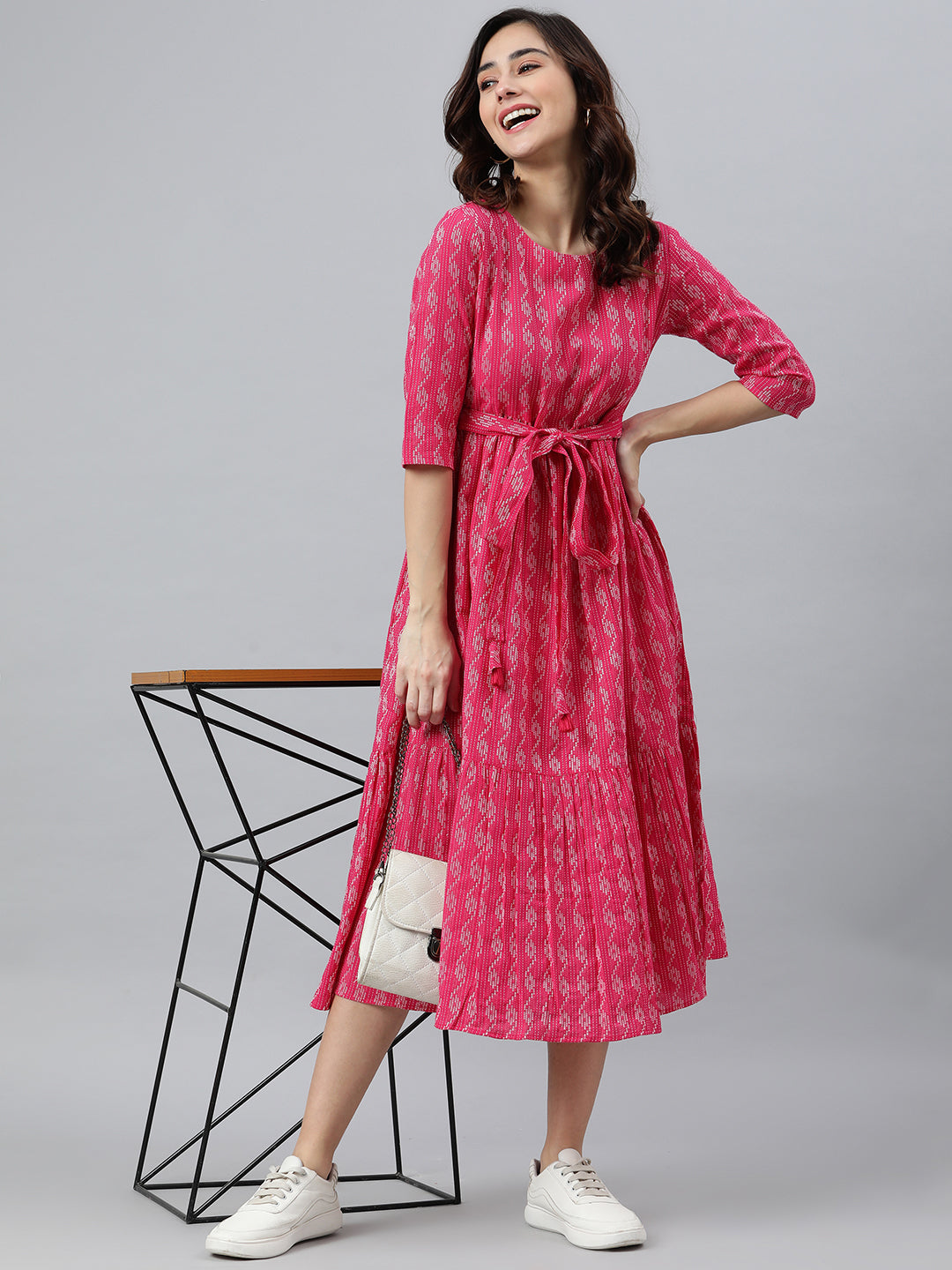 Women's Woven Design Pink Cotton Dress