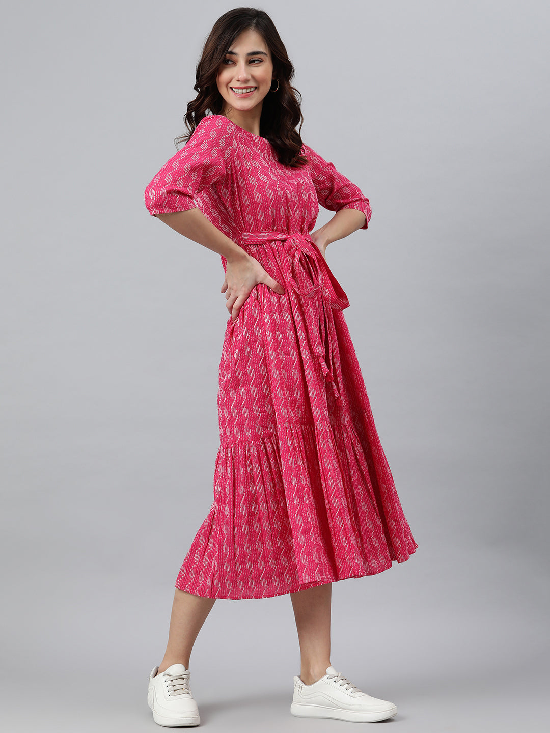 Women's Woven Design Pink Cotton Dress