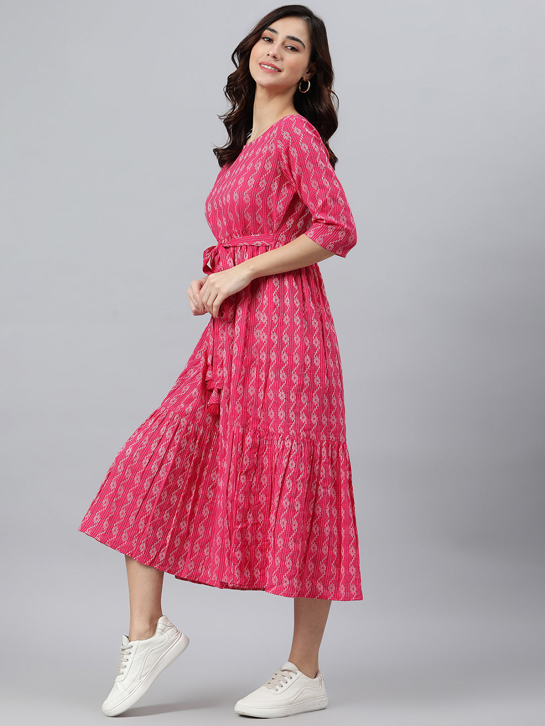 Women's Woven Design Pink Cotton Dress