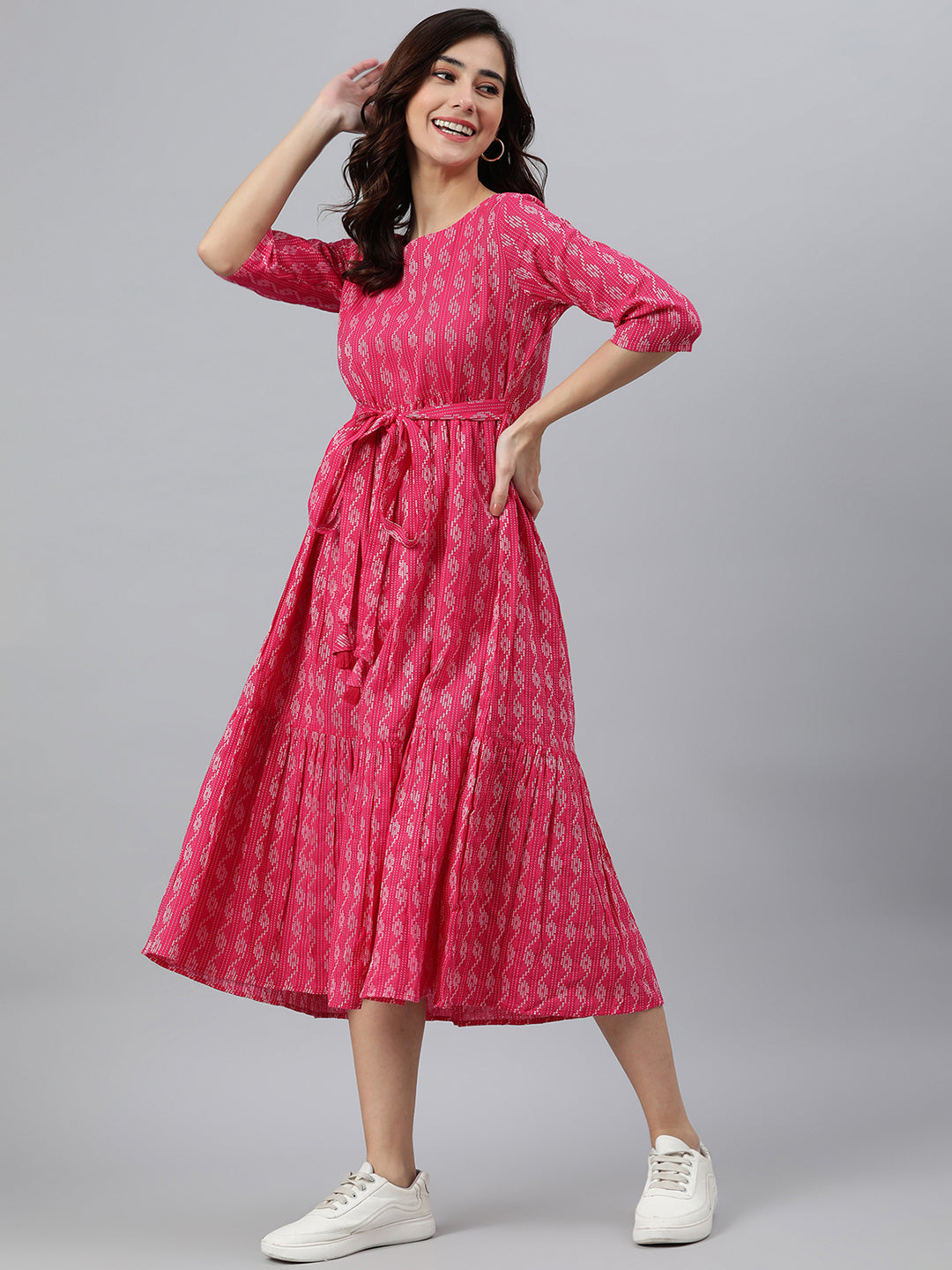Women's Woven Design Pink Cotton Dress
