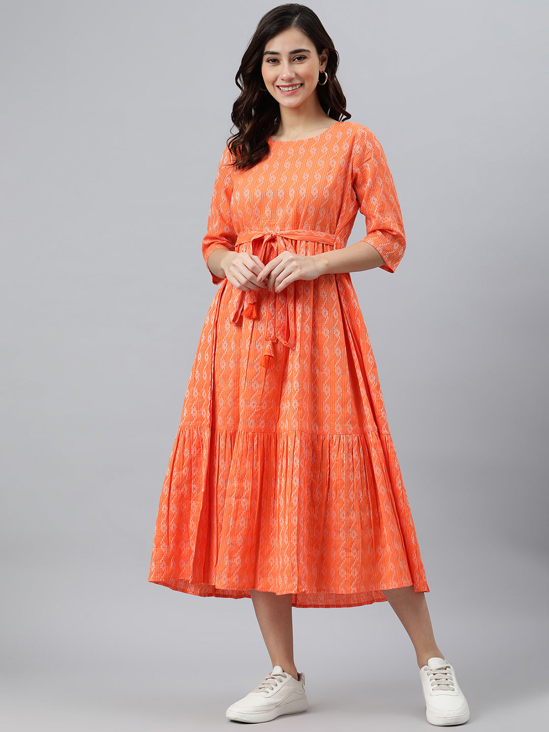 Women's Woven Design Orange Cotton Dress