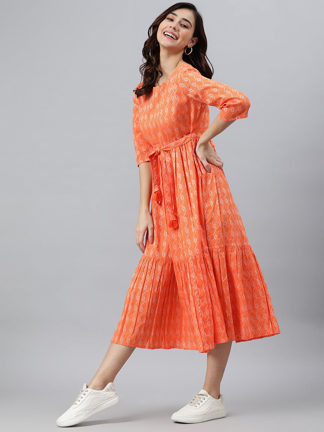 Women's Woven Design Orange Cotton Dress