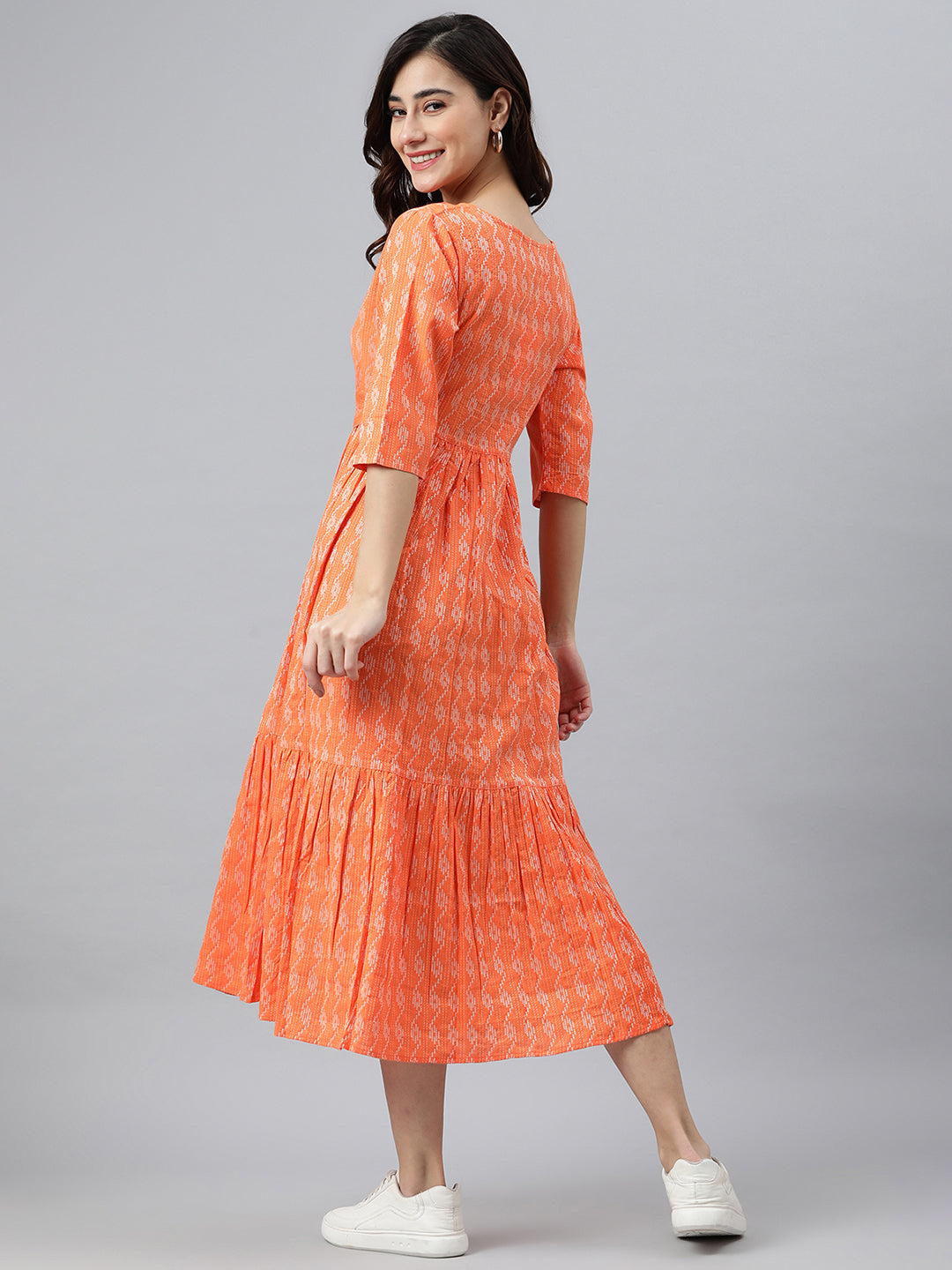 Women's Woven Design Orange Cotton Dress