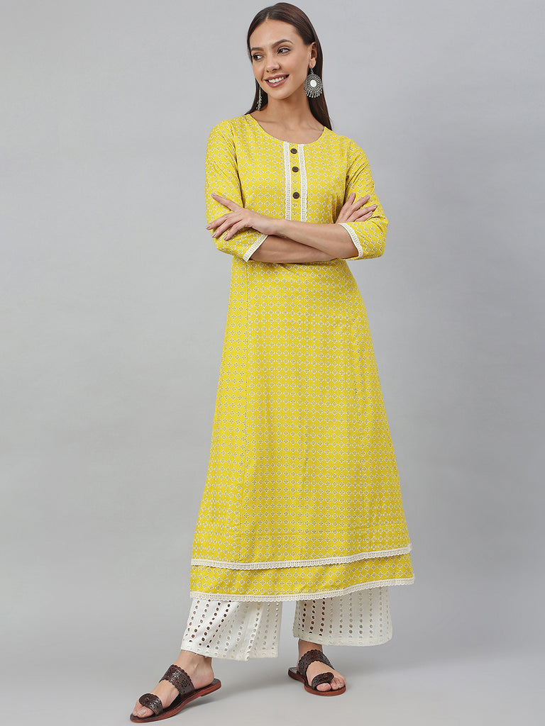 Women's Yellow Rayon Botanical Printed A-Line Kurta