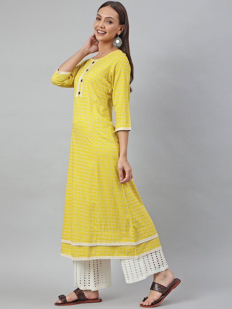 Women's Yellow Rayon Botanical Printed A-Line Kurta