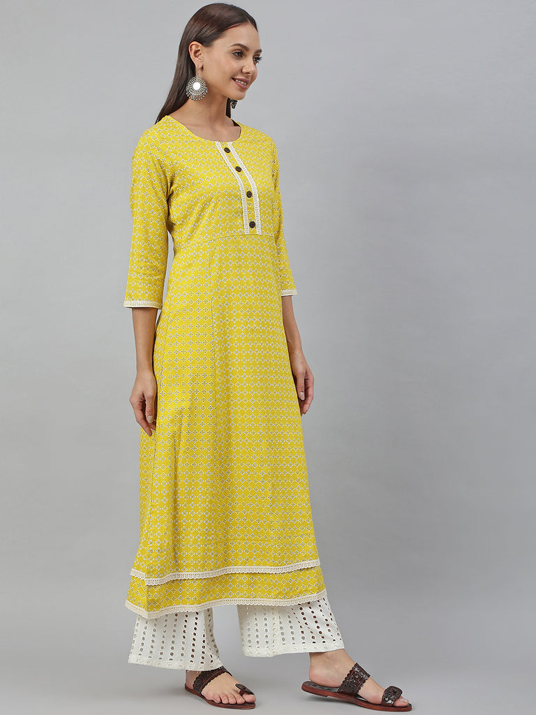 Women's Yellow Rayon Botanical Printed A-Line Kurta