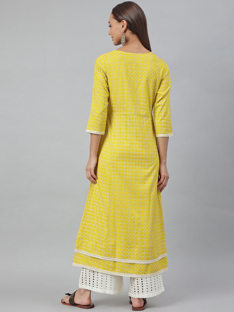 Women's Yellow Rayon Botanical Printed A-Line Kurta