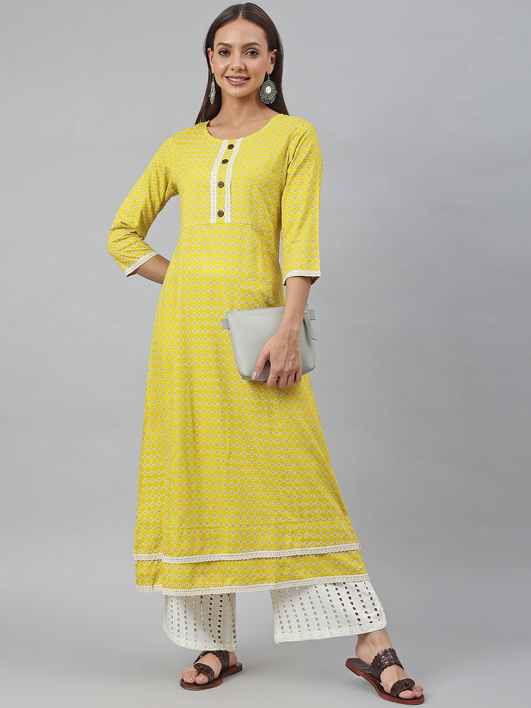Women's Yellow Rayon Botanical Printed A-Line Kurta