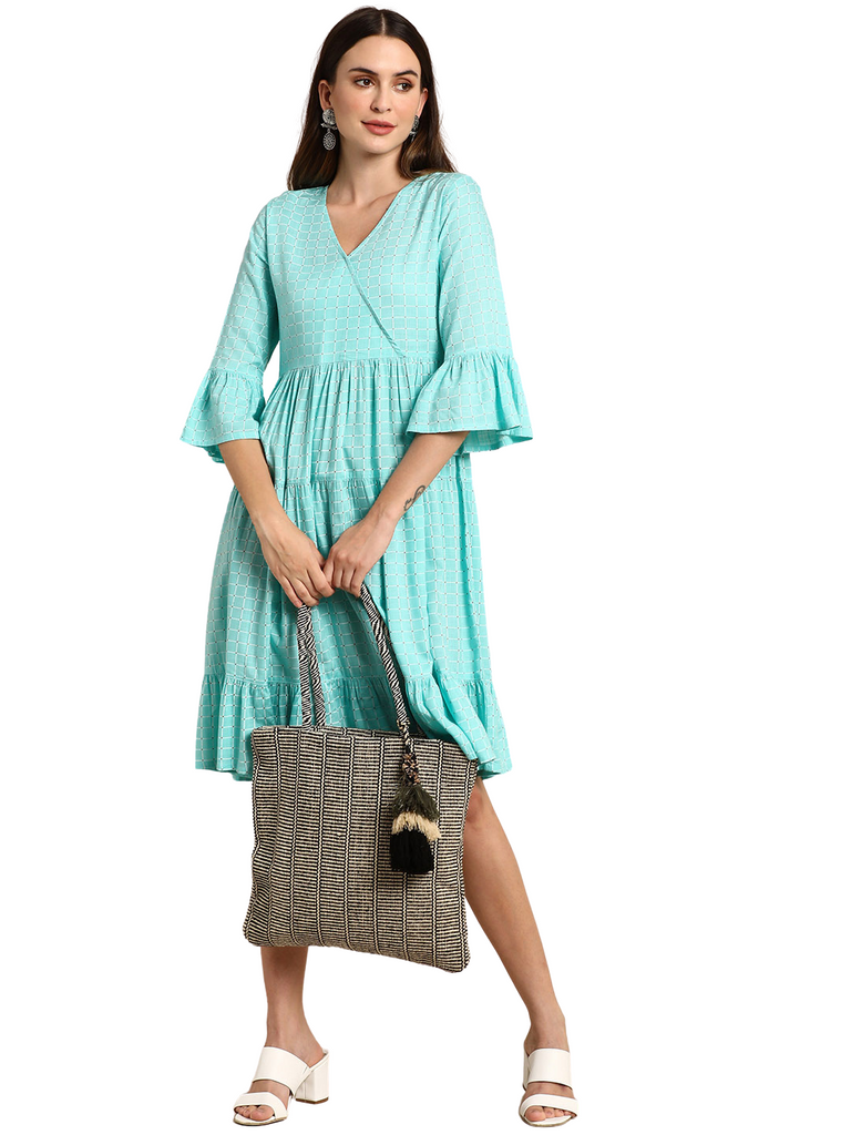 Women's Turquoise Rayon Checkered Flared Western Dress Blue / XL | Trendia Global Women's Turquoise Rayon Checkered Flared Western Dress Blue / XL | Trendia Global
