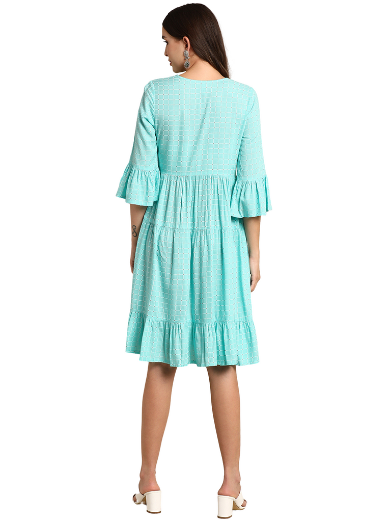 Women's Turquoise Rayon Checkered Flared Western Dress