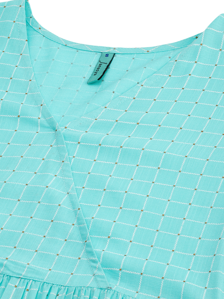 Women's Turquoise Rayon Checkered Flared Western Dress