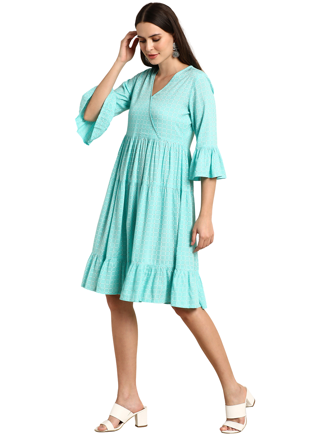 Women's Turquoise Rayon Checkered Flared Western Dress - Manohara