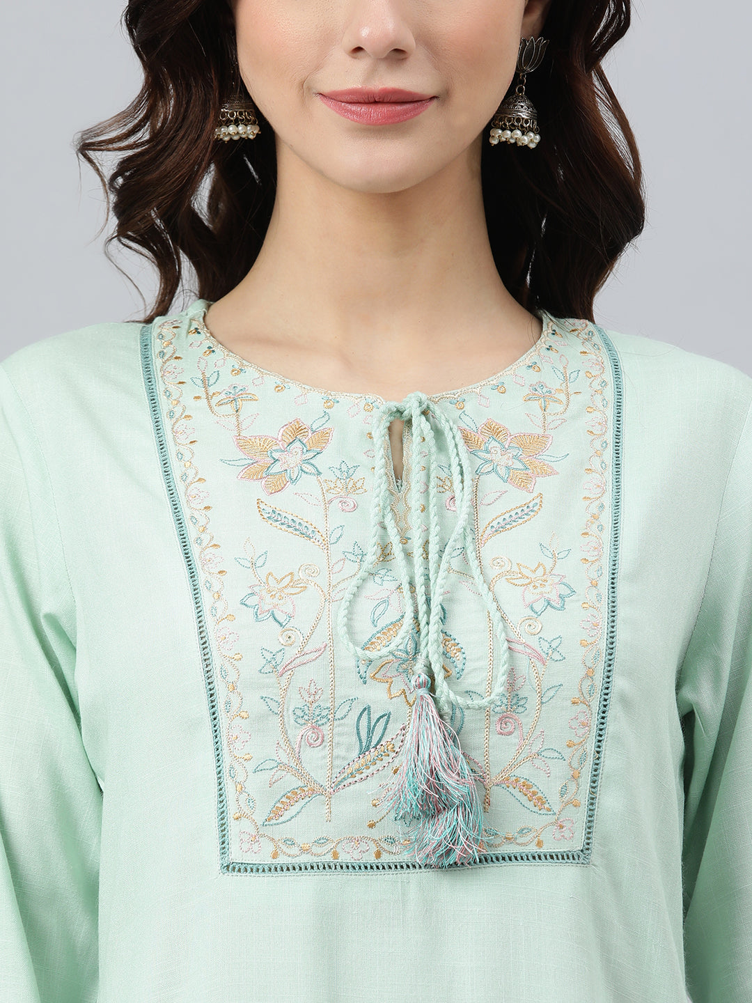 Women's Light Green Rayon Slub Embroidered A-Line Top - Manohara