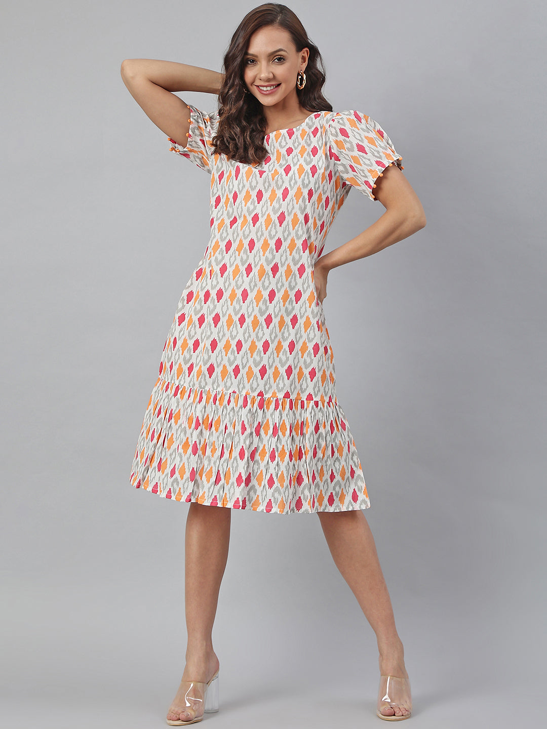 Women's Printed Off White Cotton Dress