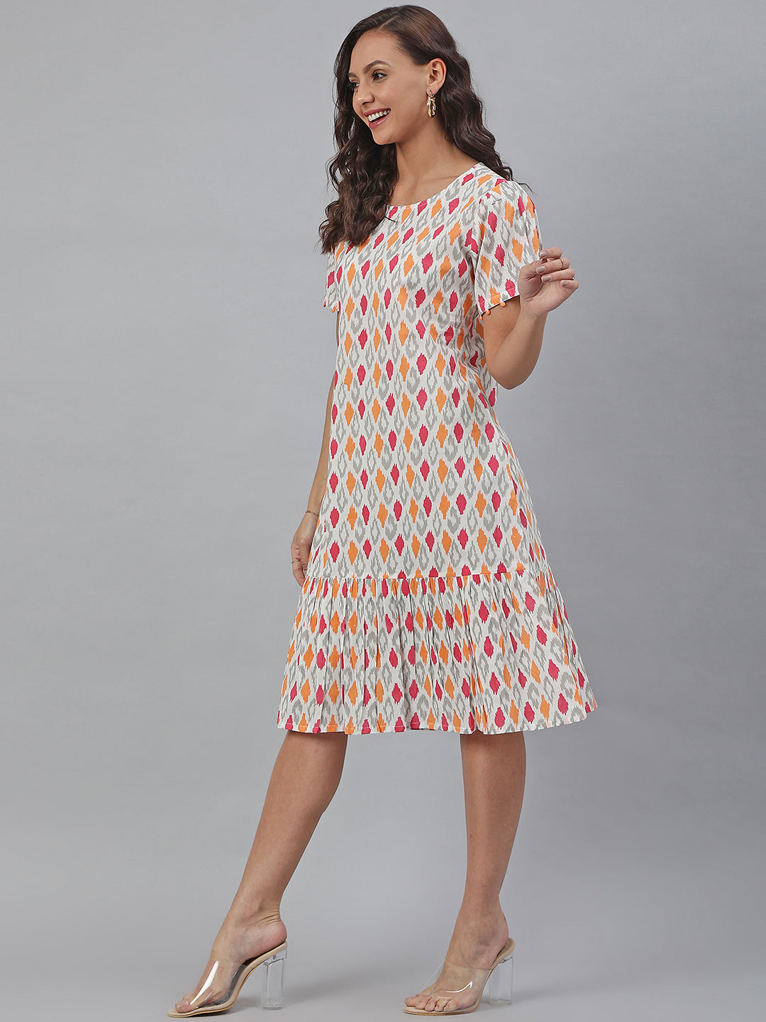 Women's Printed Off White Cotton Dress
