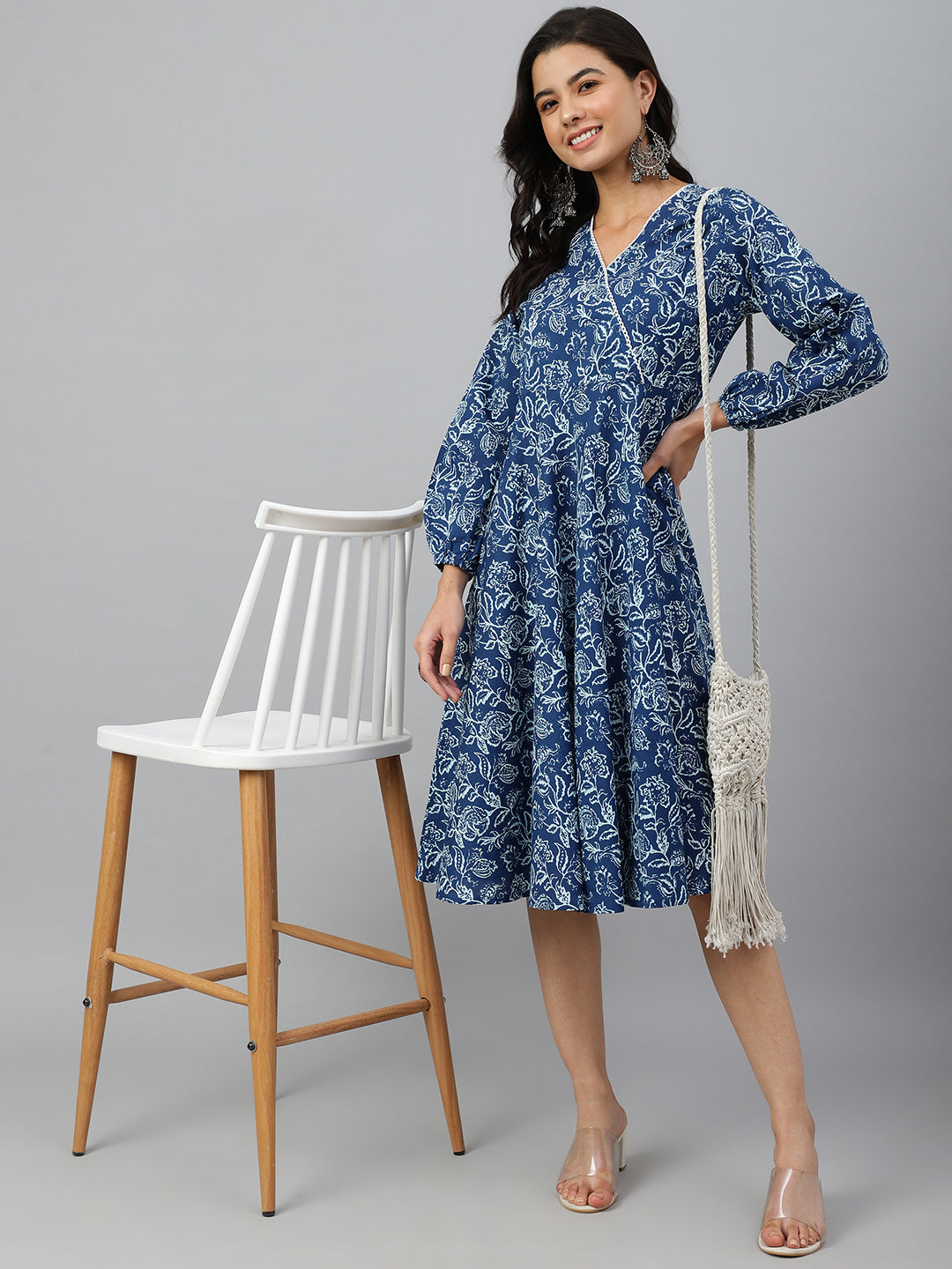 Women's Floral Printed Navy Blue Cotton Dress