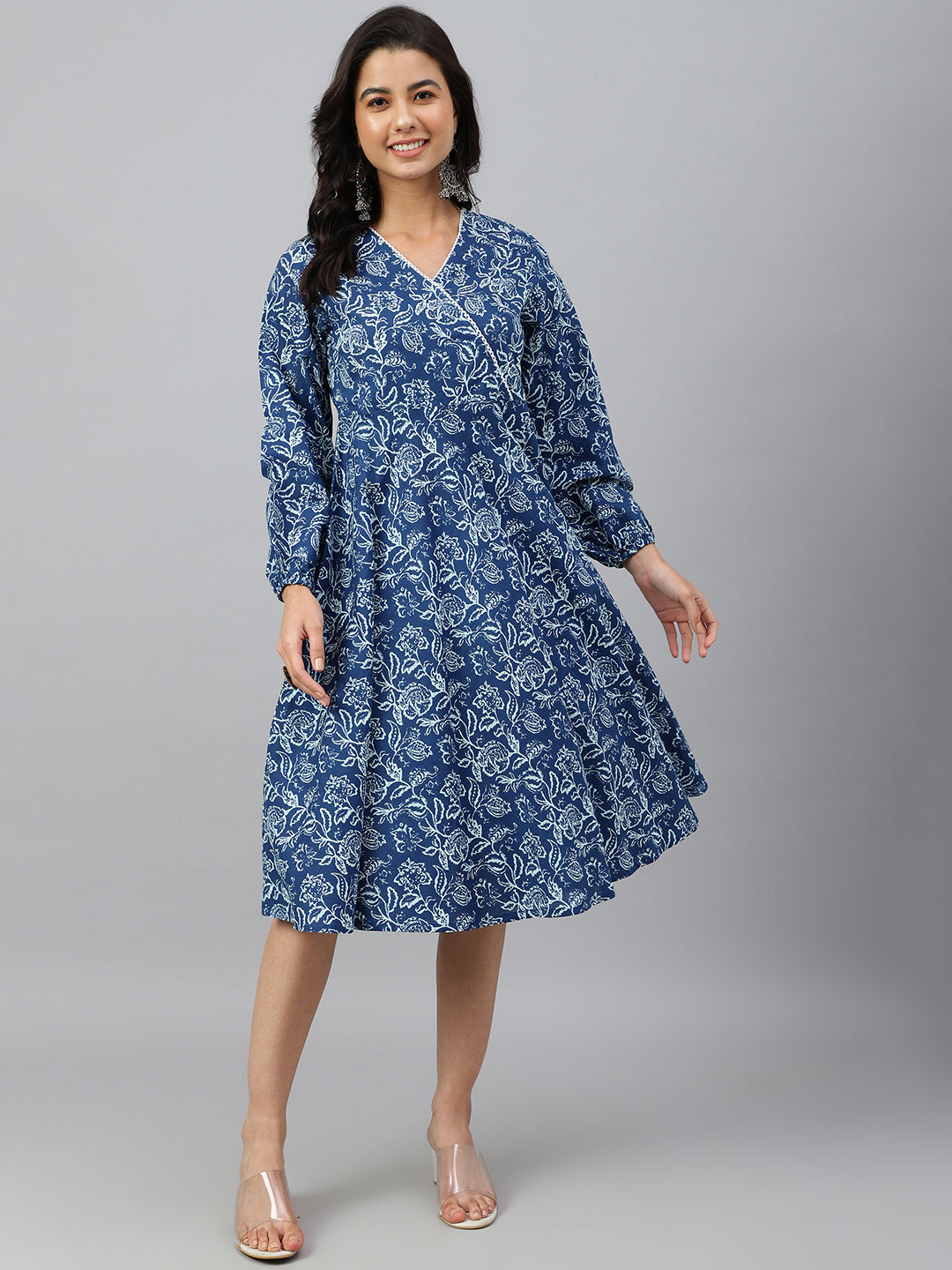 Women's Floral Printed Navy Blue Cotton Dress