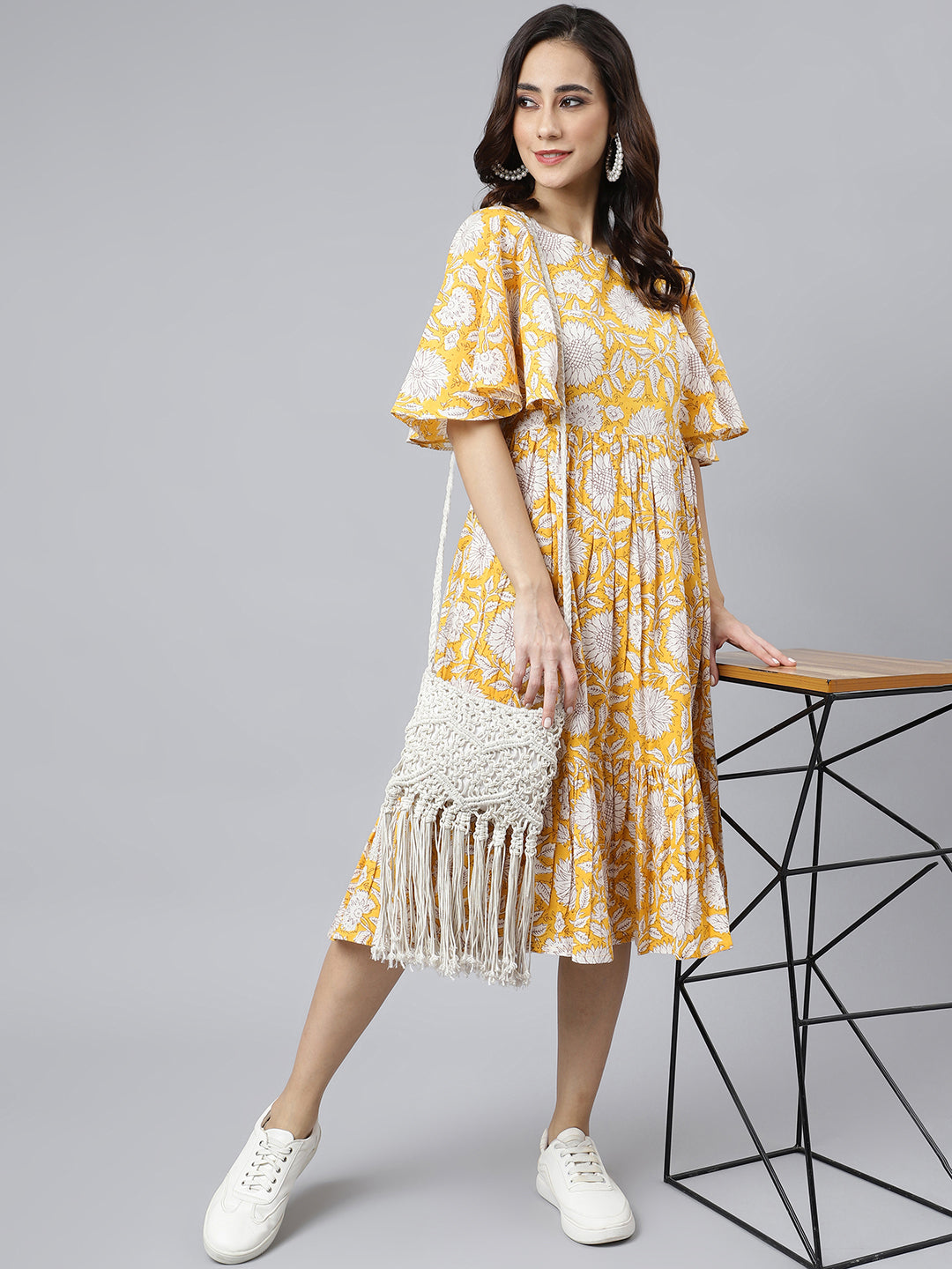 Women's Floral Printed Yellow Cotton Dress - Janasya USA