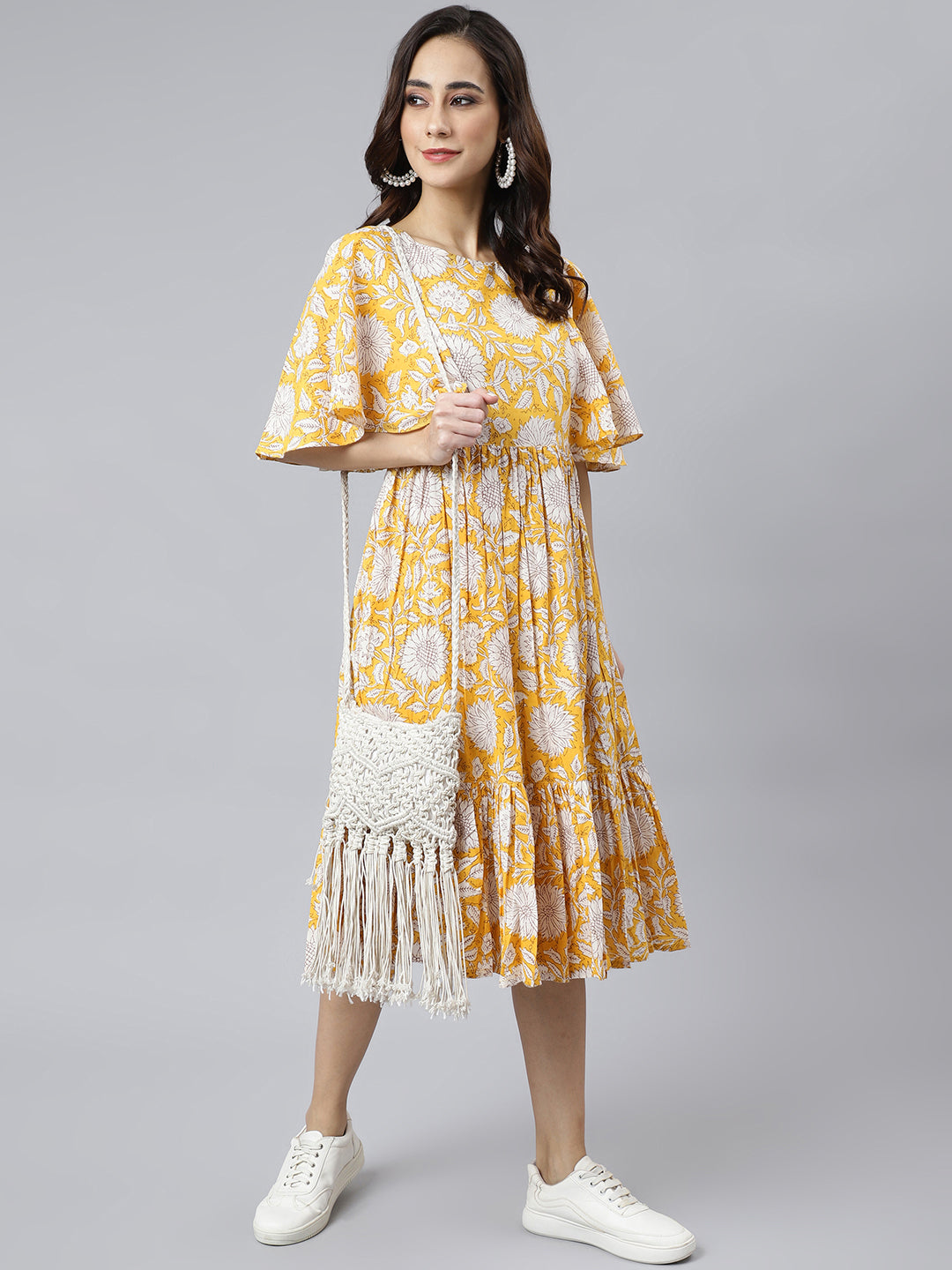 Women's Floral Printed Yellow Cotton Dress - Janasya USA
