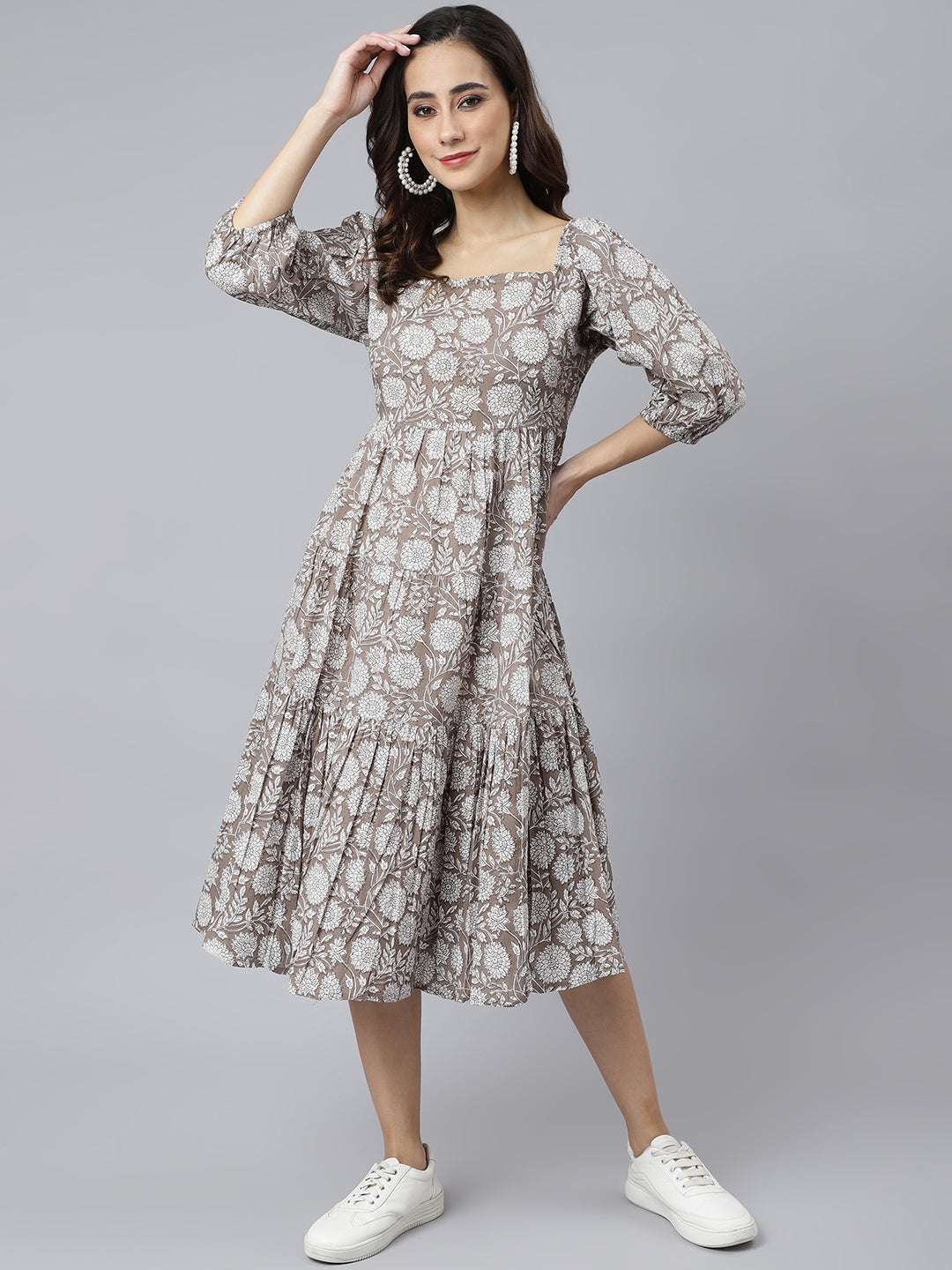 Women's Floral Printed Grey Cotton Dress - Janasya USA